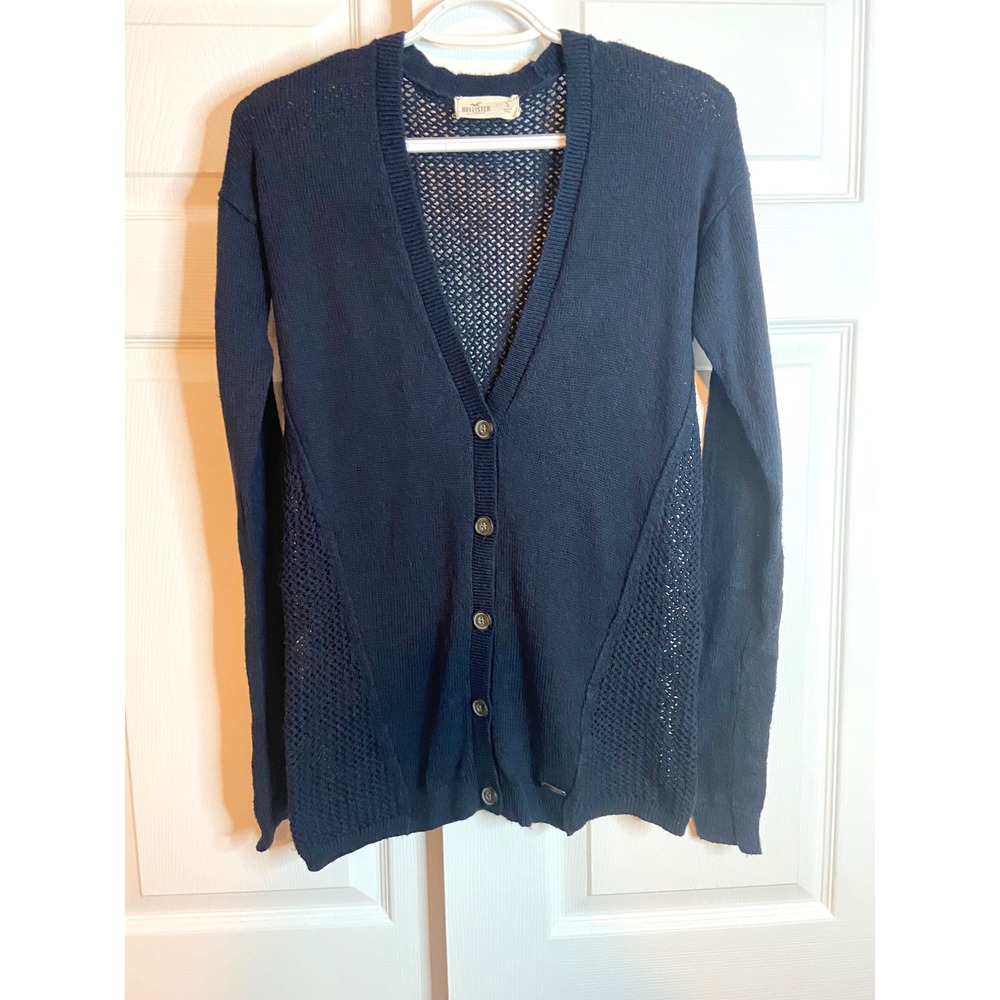 Hollister Navy Blue Open Knit Mesh Back Button Front Cardigan Sweater Small